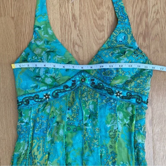 Vintage Sue Wong 100% Silk Green Halter Handkerchief Dress Beaded Size M - Picture 8 of 8
